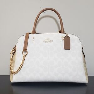 NWT! COACH WHITE AND TAN SIGNATURE COLORBLOCK LILLIE CARRYALL BAG